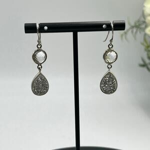 Vintage Sterling Silver 925 Titanium Druzy Clear Rock Quartz Dangle Earrings‎